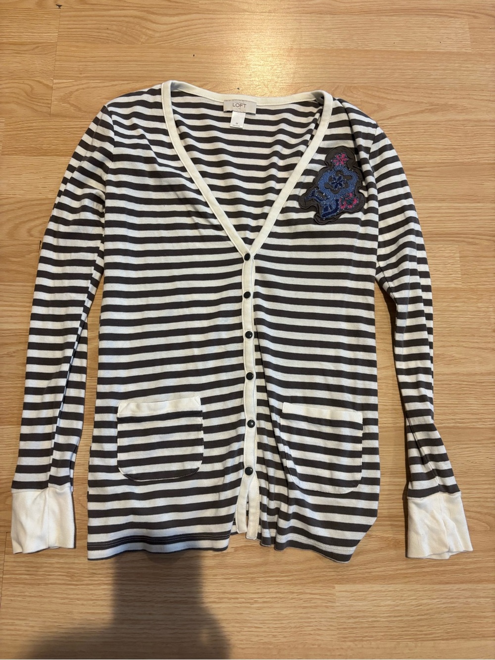 LOFT Cream and Grey Striped Crewneck Top